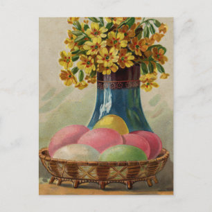 Cartão Postal De Festividades Cesta de Páscoa Ovos Flores Antigo