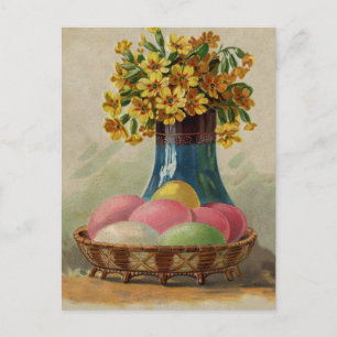 Cartão Postal De Festividades Cesta de Páscoa Ovos Flores Antigo
