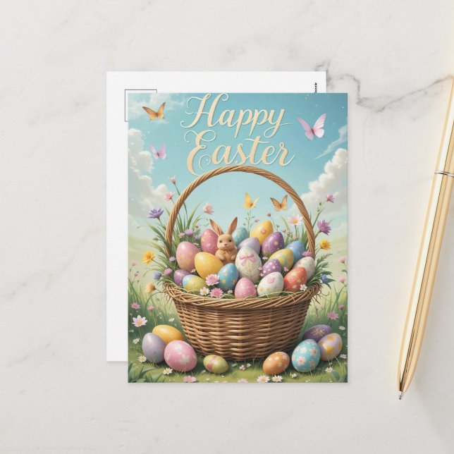 Cartão Postal De Festividades Cesto de Páscoa com Ovos (Frente/Verso In Situ)