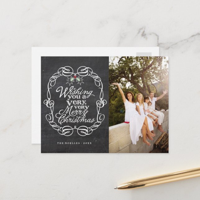 Cartão Postal De Festividades Chalkboard Mistletoes Script Feliz Foto De Natal (Frente/Verso In Situ)