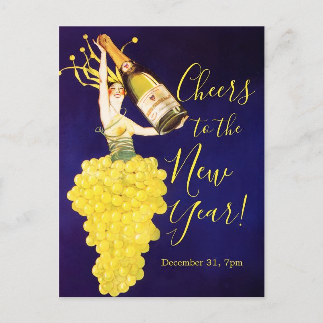 Cartão Postal De Festividades Champagne Grapes NYE Invitation Postcard (Frente)