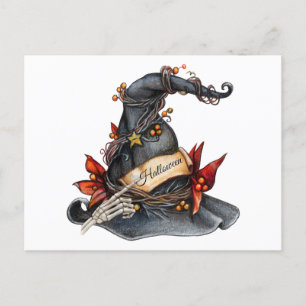Cartão Postal De Festividades Chapéu e Decorações de Bruxas de Halloween por Aqu