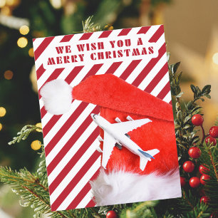 Cartão Postal De Festividades Chapéu Vermelho de Papai Noel e Avião,Listras de N
