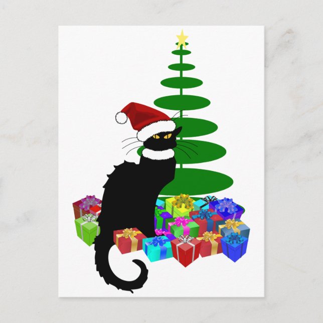 Cartão Postal De Festividades Chat Noir com Árvore de Natal e presentes (Frente)