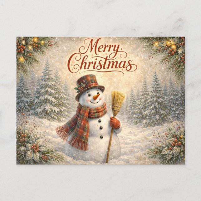 Cartão Postal De Festividades Cheerful Rustic Snowman Merry Christmas  (Frente)