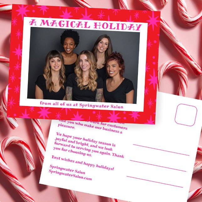 Cartão Postal De Festividades Cheerful Stars Pink Christmas Custom Business (Cheerful Stars Pink Red Christmas Custom Photo Office Salon Small Business Holiday Postcard
)
