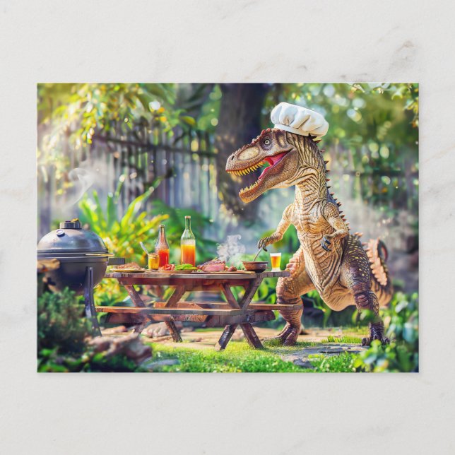 Cartão Postal De Festividades Chef Dinossauro em um CHURRASCO de Jardim (Frente)