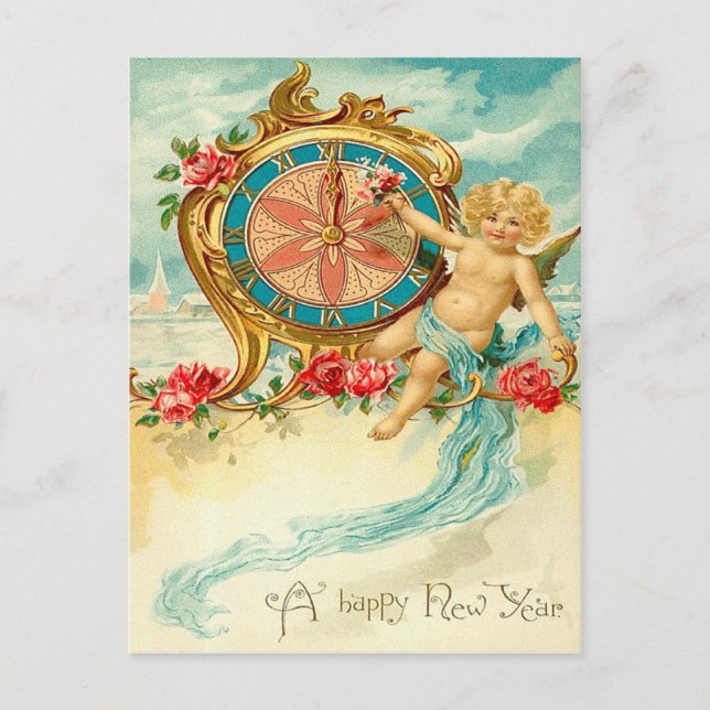 Cartão Postal De Festividades Cherub Angel Rosa Relógio Novo Ano (Frente)