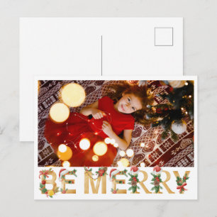 Cartão Postal De Festividades Chic Be Merry Natal Letras Douradas Foto da Famíli