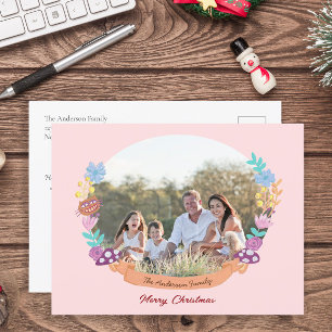 Cartão Postal De Festividades Chic Floral Wreath Blush Foto de Natal Rosa