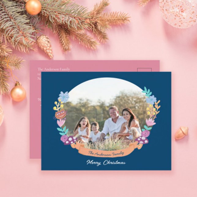 Cartão Postal De Festividades Chic Floral Wreath Dark Blue Foto Natal (Criador carregado)