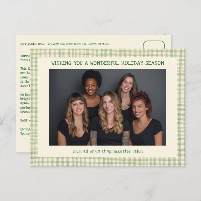 Cartão Postal De Festividades Chic Gingham Green Christmas Custom Business  (Frente/Verso)