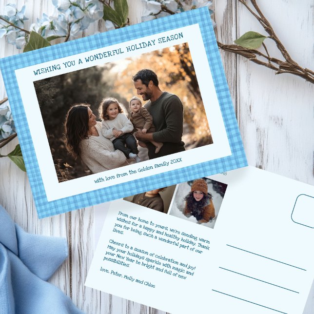 Cartão Postal De Festividades Chic Gingham Hanukkah Natal Personalizado 3 Foto (Chic Gingham Plaid Handmade Hanukkah Christmas Custom 3 Photo Holiday Postcard
)