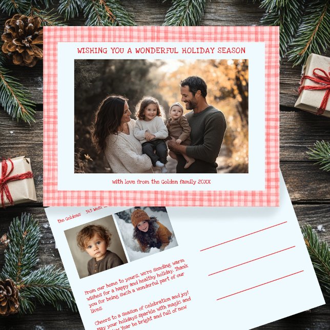 Cartão Postal De Festividades Chic Gingham Pink Blue Christmas Custom 3 Photo (Chic Gingham Pink Blue Red Christmas Custom 3 Photo Holiday Postcard
)