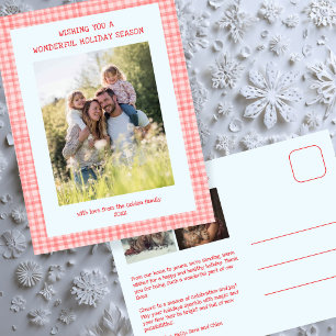 Cartão Postal De Festividades Chic Gingham Pink Blue Christmas Custom 3 Photo