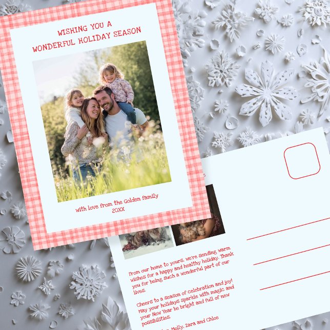 Cartão Postal De Festividades Chic Gingham Pink Blue Christmas Custom 3 Photo (Chic Gingham Pink Blue Christmas Custom 3 Family Photo Holiday Postcard
)