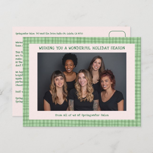 Cartão Postal De Festividades Chic Gingham Pink Green Christmas Custom Business  (Frente/Verso)