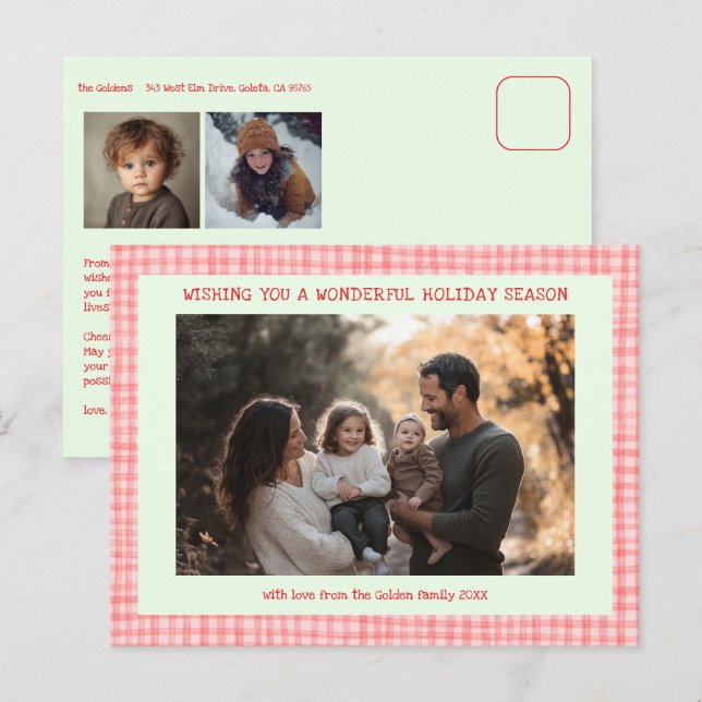 Cartão Postal De Festividades Chic Gingham Pink Green Christmas Personalizado 3  (Frente/Verso)