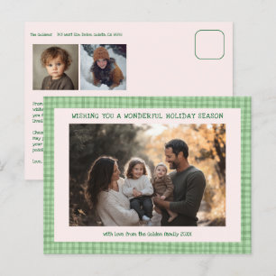 Cartão Postal De Festividades Chic Gingham Pink Green Christmas Personalizado 3