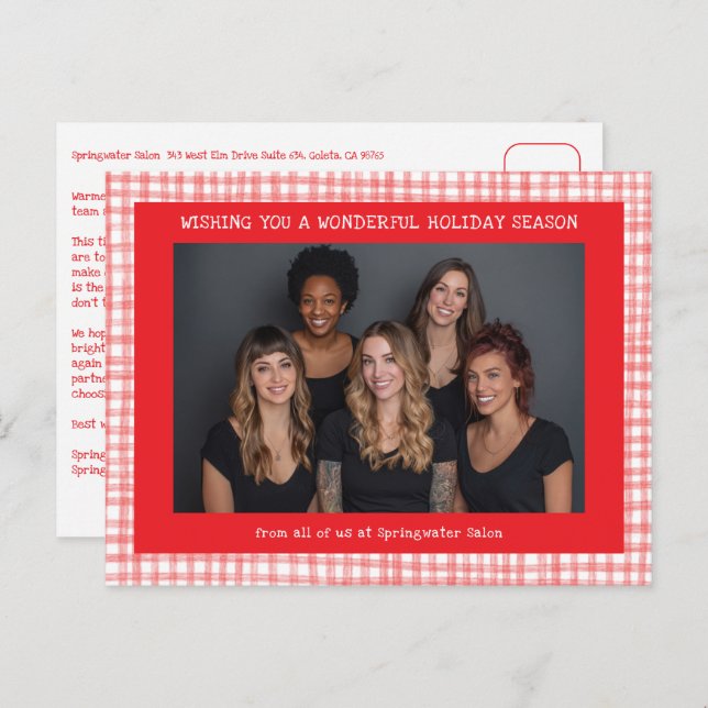 Cartão Postal De Festividades Chic Gingham Red White Christmas Custom Business  (Frente/Verso)