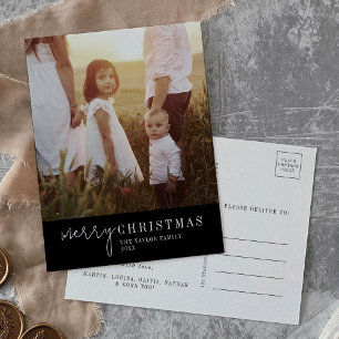 Cartão Postal De Festividades Chic Moderno Ano de Foto de Natal Negro em Revis