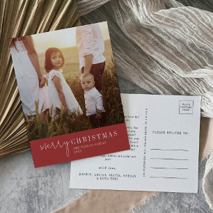 Cartão Postal De Festividades Chic Moderno Ano de Foto do Natal Vermelho em Re