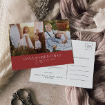Cartão Postal De Festividades Chic Moderno | Red Photo Collage Notícias de Natal<br><div class="desc">Esta moderna colagem de fotos em vermelho-chic é o cartões de natal perfeito para as notícias de Natal. Esta simples design boho apresenta caligrafia sofisticada clássica em vermelho e branco rústicos tradicionais. Personalize seu cartão postal com 2 fotos, seu nome de família, nomes próprios e ano. Inclua um ano opcional...</div>