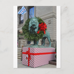 Cartão Postal De Festividades Chicago Art Institute Lion Decorrido para o Natal