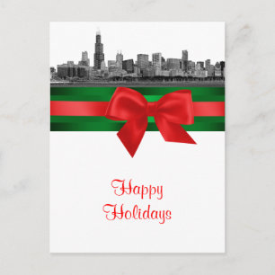 Cartão Postal De Festividades Chicago Skyline Etch BW Natal Férias 2
