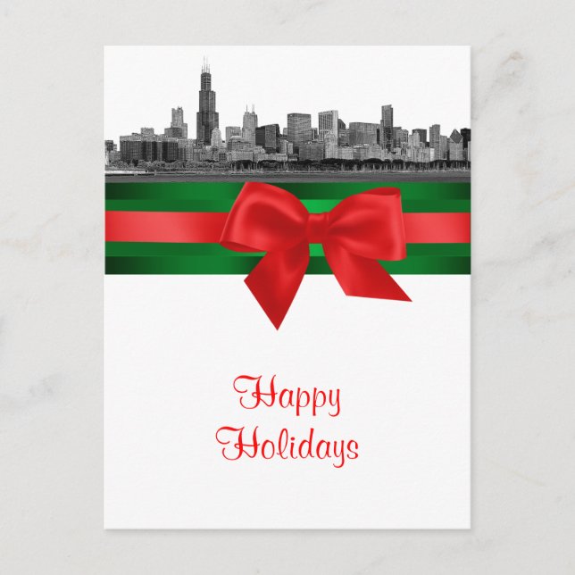 Cartão Postal De Festividades Chicago Skyline Etch BW Natal Férias 2 (Frente)