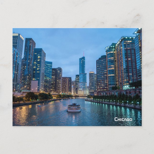 Cartão Postal De Festividades Chicago Skyline Sunset River (Frente)