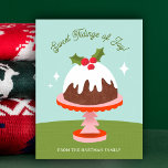 Cartão Postal De Festividades Chiclete Bolo de Natal, Retro<br><div class="desc">Este cartão postal de Natal bonito e colorido apresenta uma ilustração de pudim de ameixa desenhada manualmente num suporte de bolo de árvore de Natal e uma toalha de mesa texturizada. O esquema retro de cores modernas do século médio dá uma sensação nostálgica. A tipografia da na moda diz: "Doce...</div>