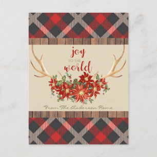 Cartão Postal De Festividades Chifre de Natal Floresta Xadrez Vermelho