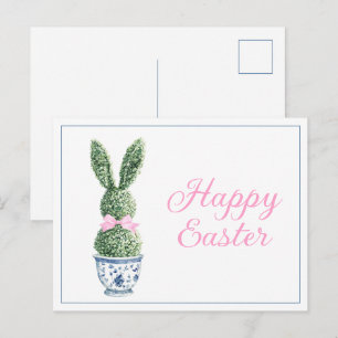Cartão Postal De Festividades Chinoiserie Azul e Branco Com Topiaria de Coelho