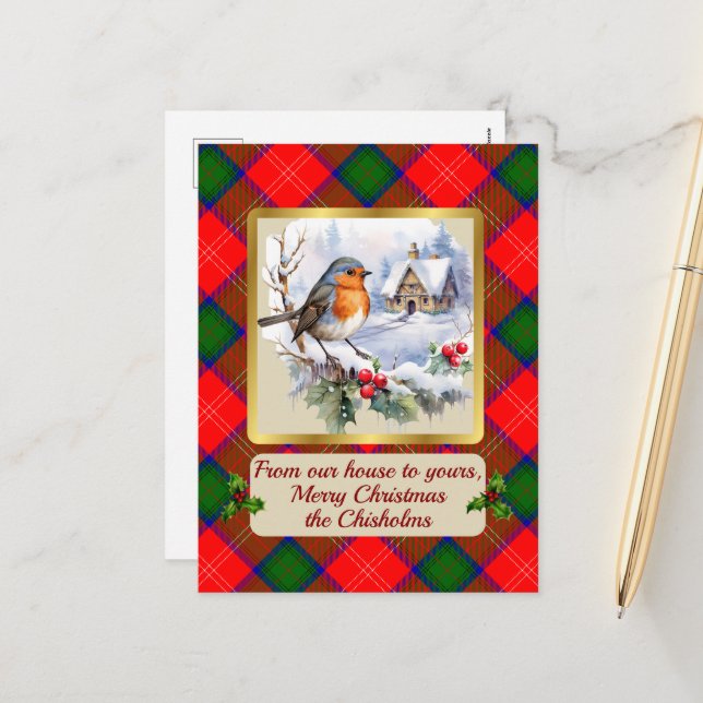 Cartão Postal De Festividades Chisholm Tartan w/Robin Personalizado (Frente/Verso In Situ)