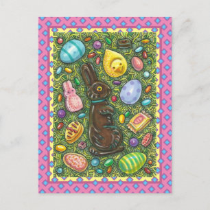 CARTÃO POSTAL DE FESTIVIDADES CHOCOLATE LESTE BUNNY, PINTINHO, OVOS, JELLY BEANS