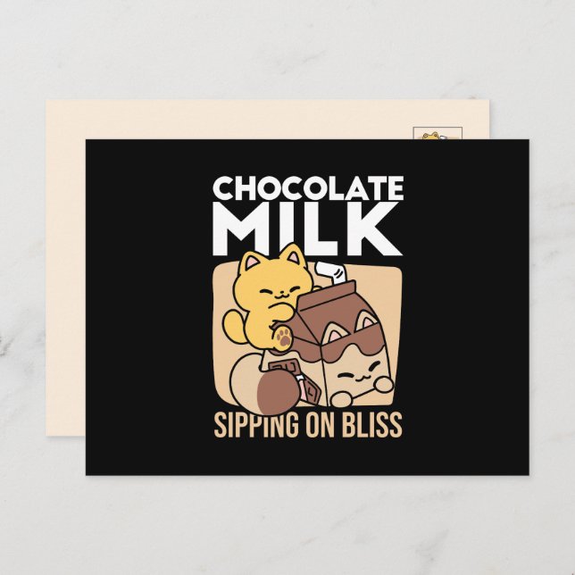Cartão Postal De Festividades Chocolate Milk Sipping on Bliss – Kawaii Cat Food  (Frente/Verso)