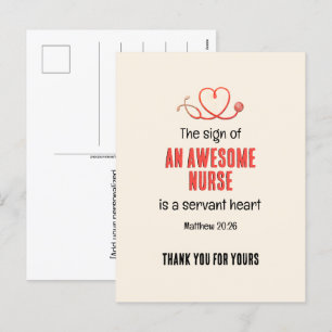 Cartão Postal De Festividades Christian AWESOME NURSE SERVANT HEART Obrigado