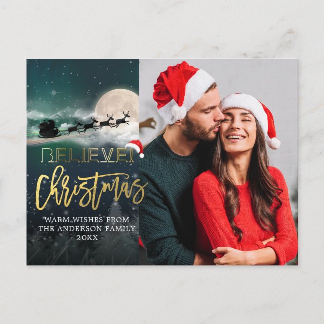 Cartão Postal De Festividades Christmas BELIEVE Reindeer Sleigh Santa Hat Foto (Frente)