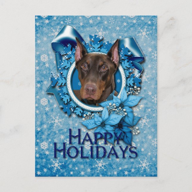 Cartão Postal De Festividades Christmas - Blue Snowflake - Doberman - Rocky (Frente)
