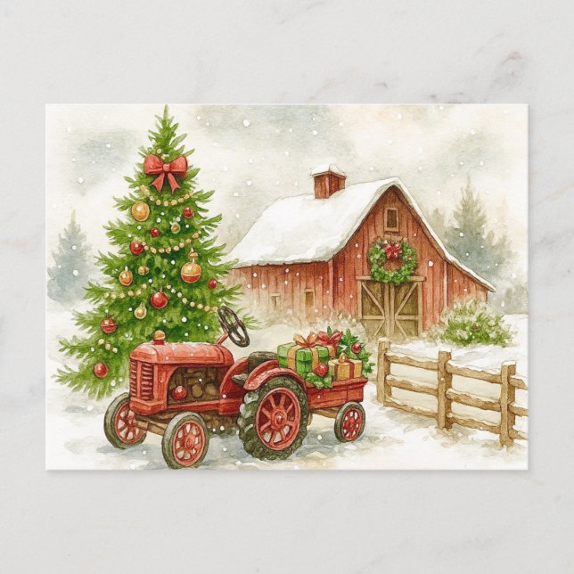 Cartão Postal De Festividades Christmas Farm Morning Red Tractor Barn Postcard (Frente)