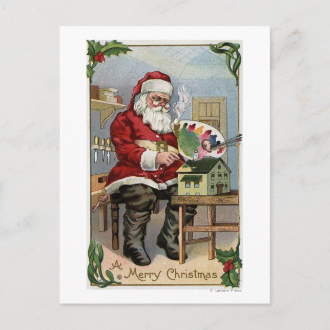 Cartão Postal De Festividades Christmas GreetingSanta Painting (Frente)