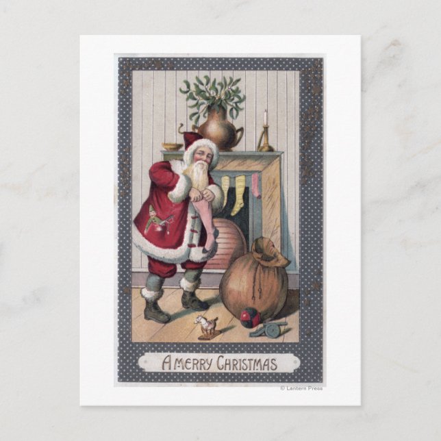Cartão Postal De Festividades Christmas GreetingSanta Stuffing Stockings (Frente)