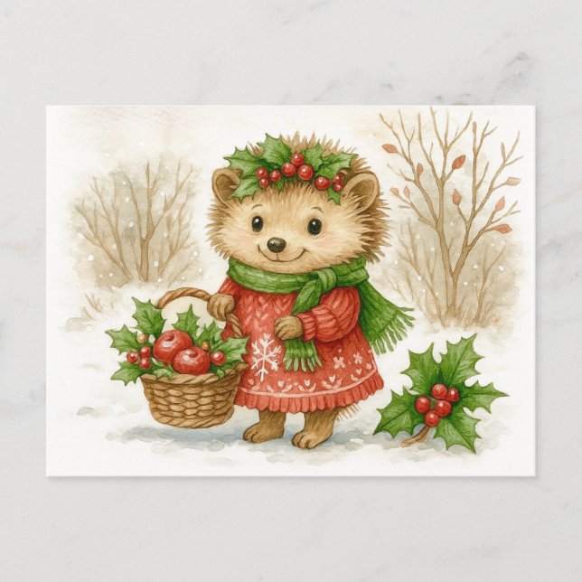 Cartão Postal De Festividades Christmas Hedgehog Watercolor Postcard (Frente)