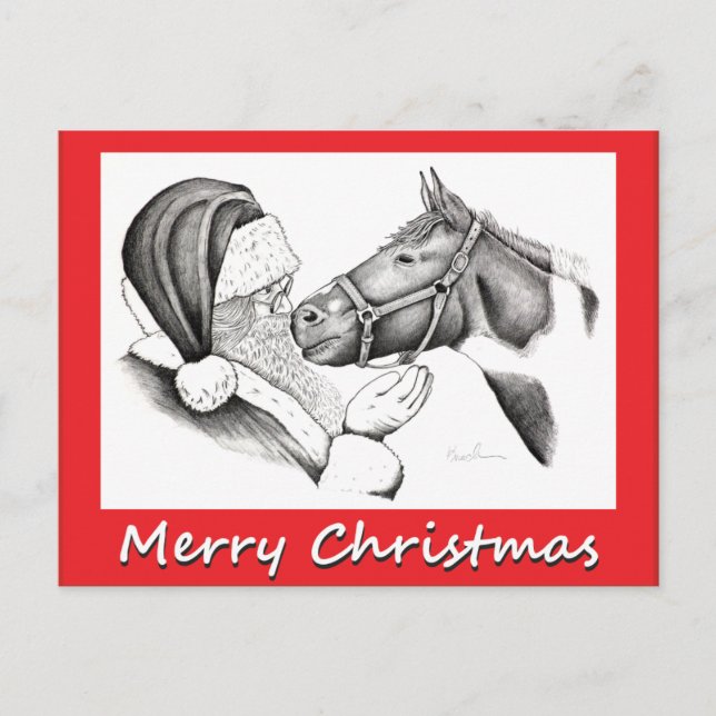 Cartão Postal De Festividades Christmas Horse and Saanta Claus (Frente)