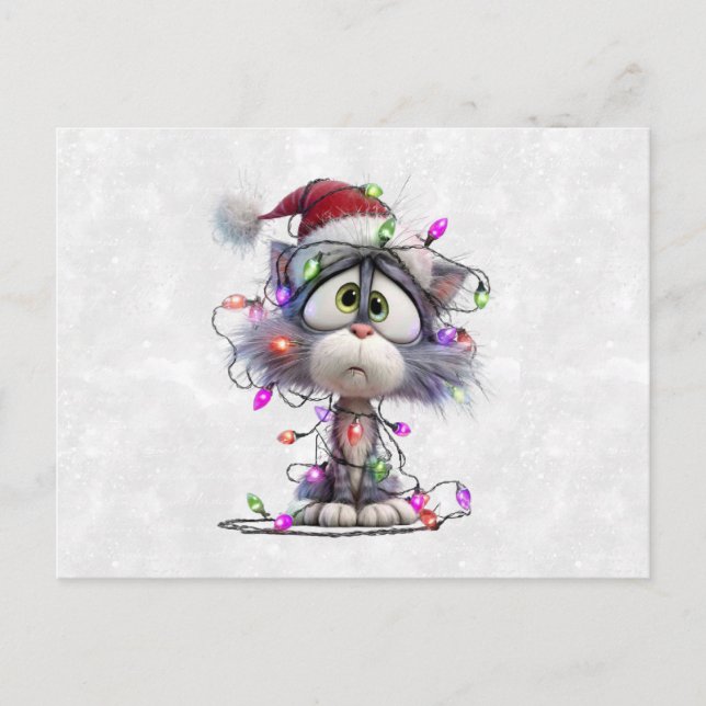 Cartão Postal De Festividades Christmas Kitten tangled in Lights (Frente)