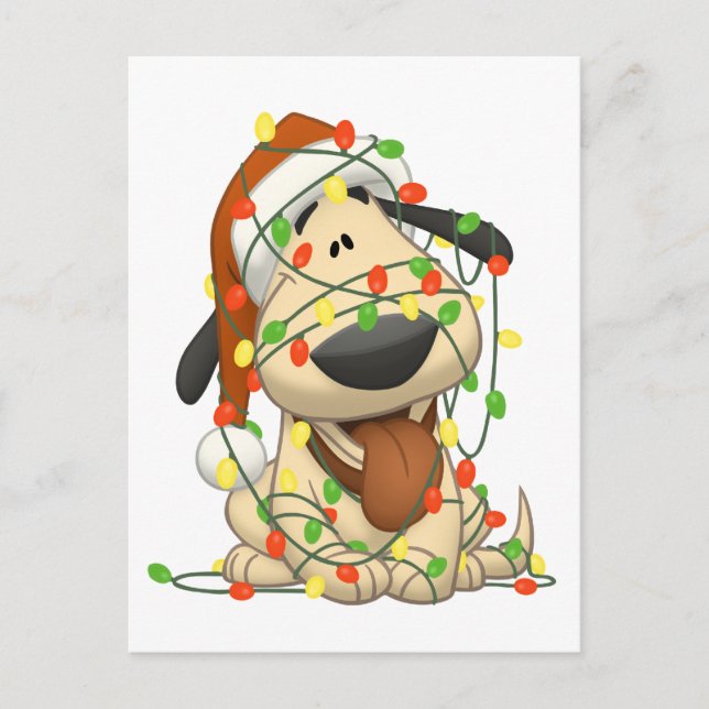 Cartão Postal De Festividades Christmas Lights Funny Puppy Dog (Frente)