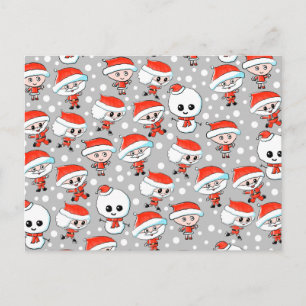 Cartão Postal De Festividades Christmas Pattern Santa and Snowman on Gray