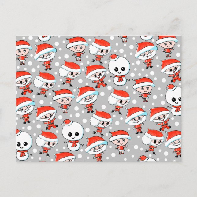 Cartão Postal De Festividades Christmas Pattern Santa and Snowman on Gray (Frente)