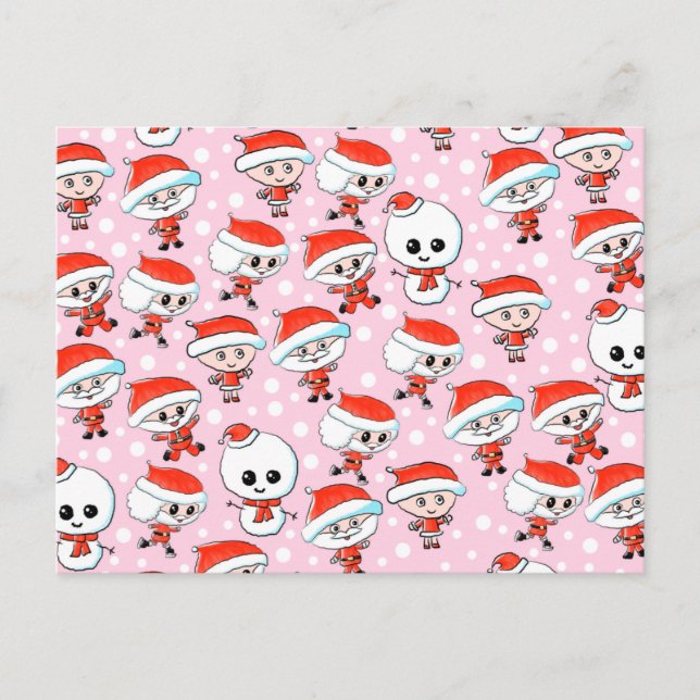 Cartão Postal De Festividades Christmas Pattern Santa and Snowman on Pink. (Frente)